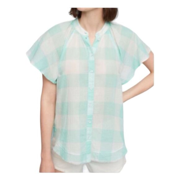 Maeve Anthropologie Gingham Check Button Down Shirt Mint Green White Plaid Top - Picture 1 of 8